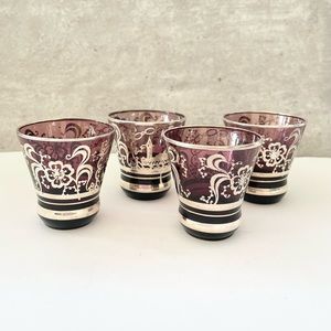 Vtg Venetian Silver Overlay Amethyst Crystal Shot Glass Liquor Set 4 Handmade